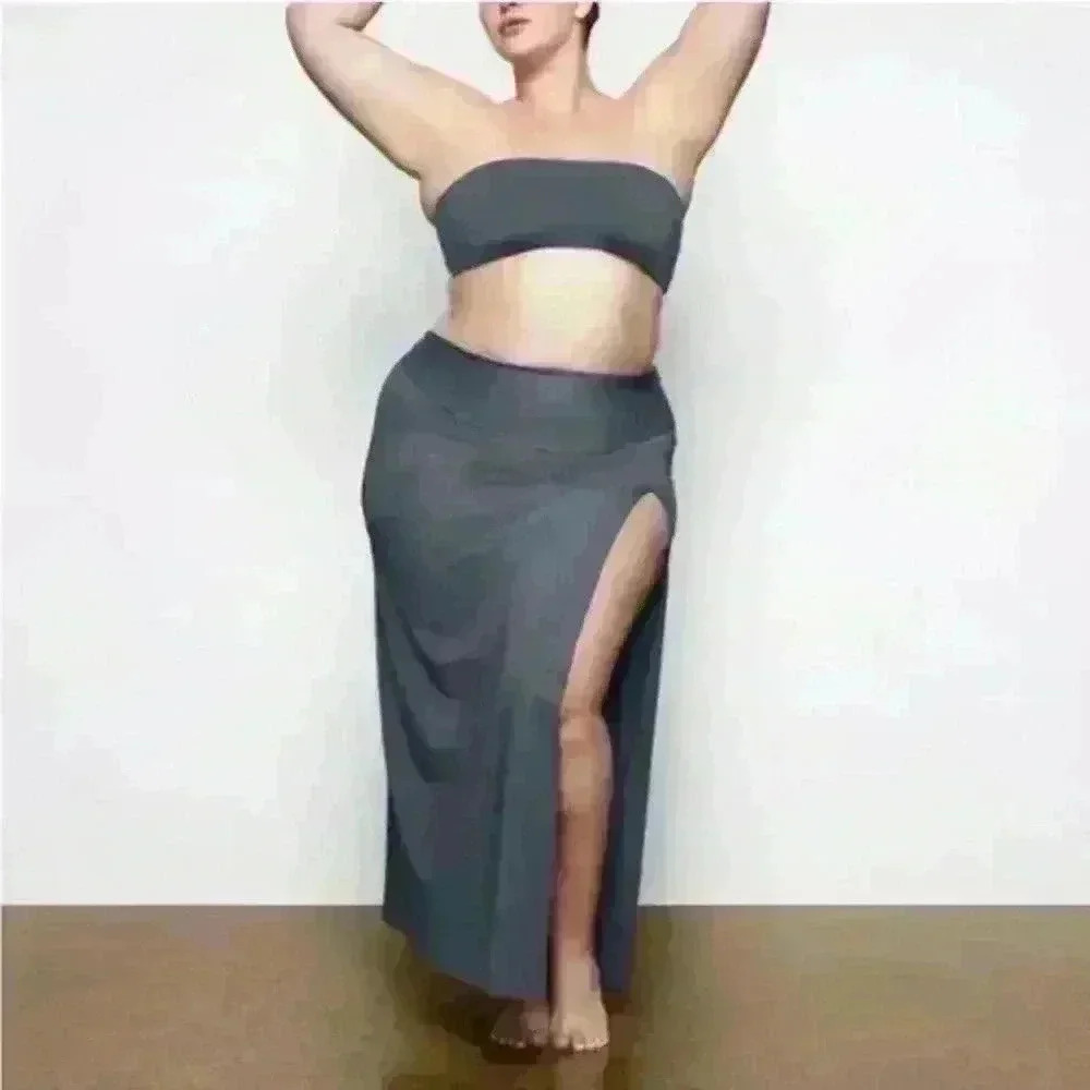 SKIMS NWT Gunmetal Gray Shaping Swim Side Slit High Waisted Long Skirt Size 3X